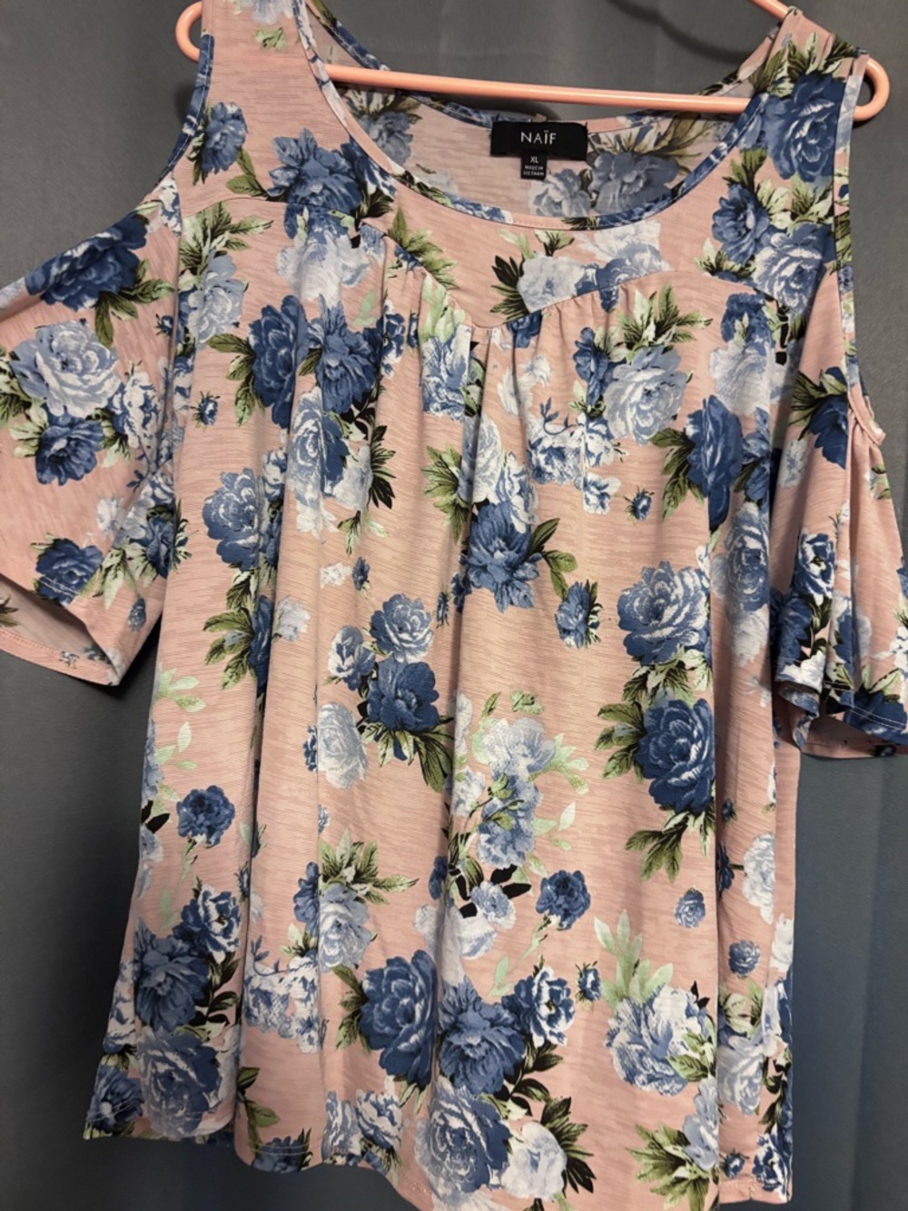 NAIF Pink Floral Cold-Shoulder Tunic with Blue Roses